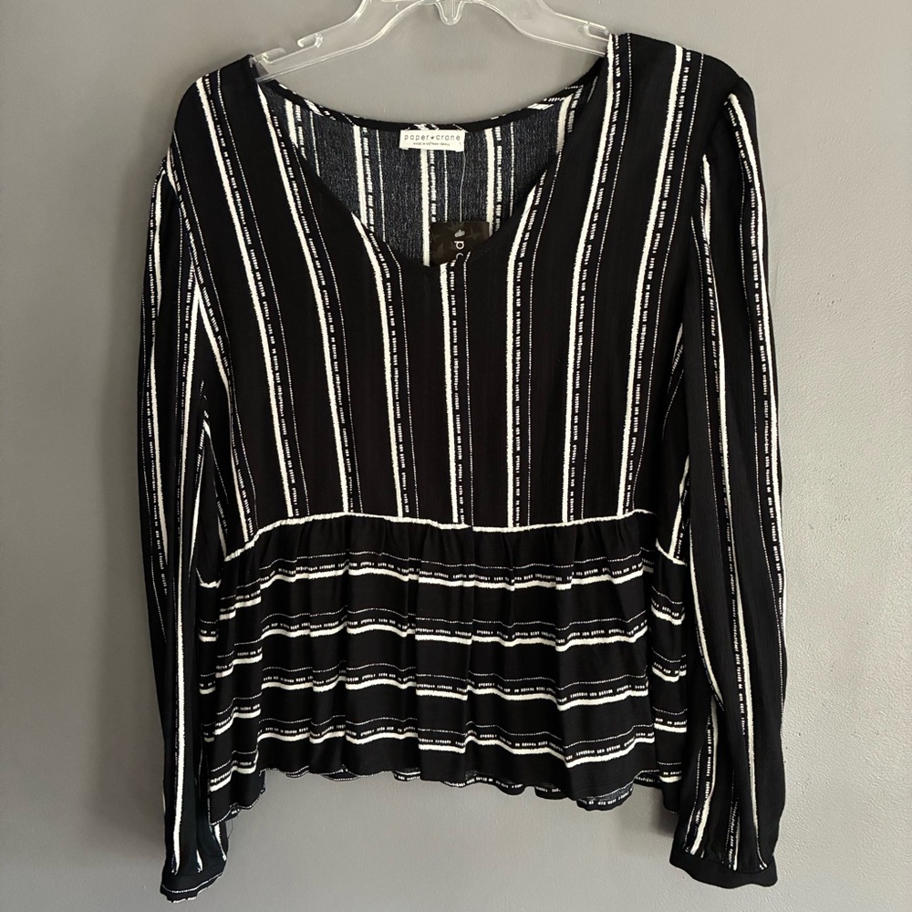 NWT Paper Crane Black and White Striped Lightweight Peplum Top